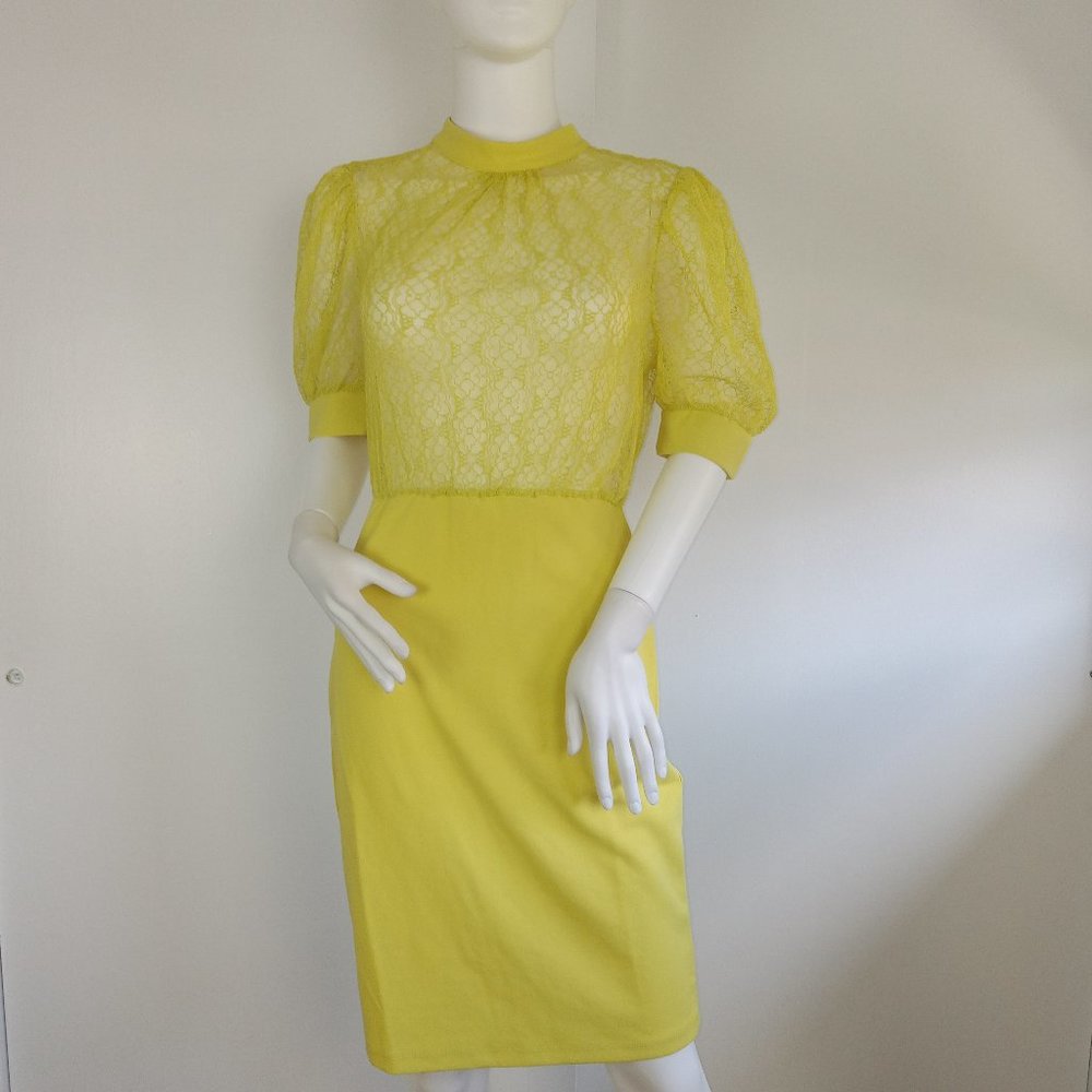 Valentine Women's Bodycon Dress Size Large Yellow Sheer Lace Knee Length